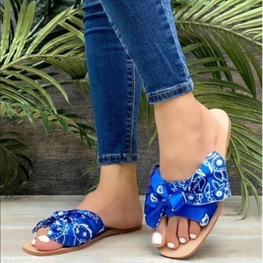 Blue Bandana Bow Slides summer Sandals